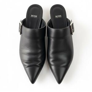 HUGO BOSS Linda Black Leather Pointed Toe Mules | Buckle | Made in Italy